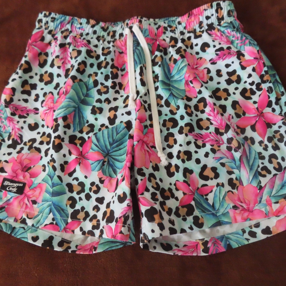 Strangers Only cheetah flower print Breif Lined Swim Shorts 5.5" Small #1